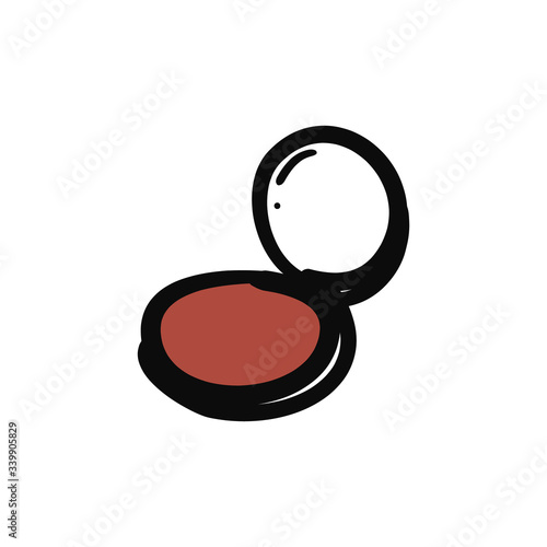 Compact powder box for skincare in flat style. Vector hand-drawn icon isolated on white background. Beautiful hand-drawn open black container with a mirror and pink powder. Fashion,  make-up concept 