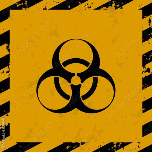Bacteriological hazard sign and No Entry COVID-19. Concept of Bacteriological hazard coronavirus. Black Stripped Rectangle on yellow background.