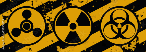 Warning signs, symbols. Danger, poison, biohazard, electricity, high voltage, chemical, waste, radioactive, explosion, bomb, flame, virus, toxic, warning, warning vector icon set.