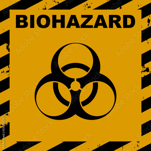 Bacteriological hazard sign and No Entry COVID-19. Concept of Bacteriological hazard coronavirus. Black Stripped Rectangle on yellow background.