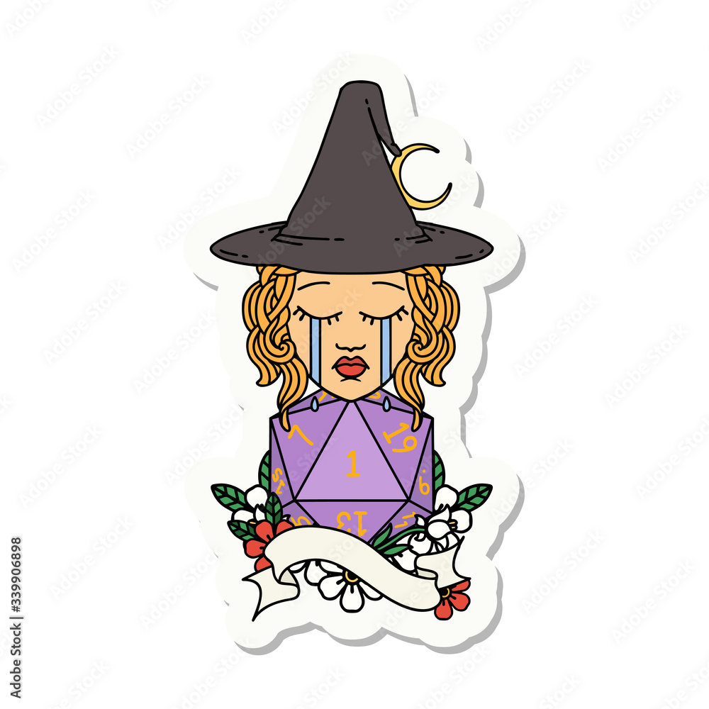 human witch with natural one D20 roll sticker human witch with natural one D20 roll sticker
