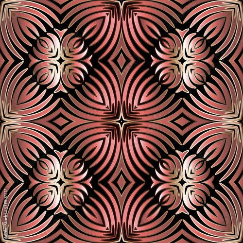 3d abstract vector seamless pattern. Ornamental flowing swirl shapes background. Radial line art tracery surface ornament. Textured geometric repeat backdrop. Modern striped floral 3d design