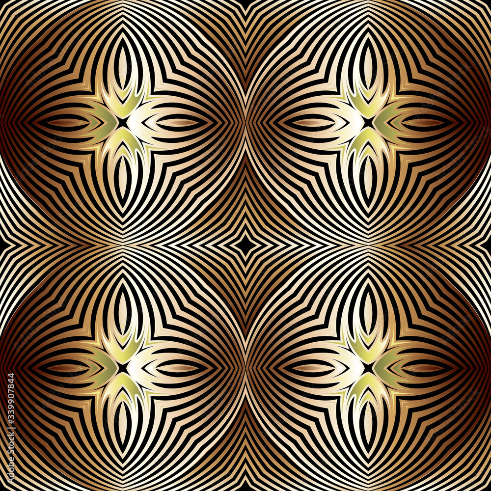 Gold luxury 3d abstract vector seamless pattern. Ornamental radial shapes background. Fractal line art tracery surface ornament. Textured geometric repeat backdrop. Modern striped floral 3d design