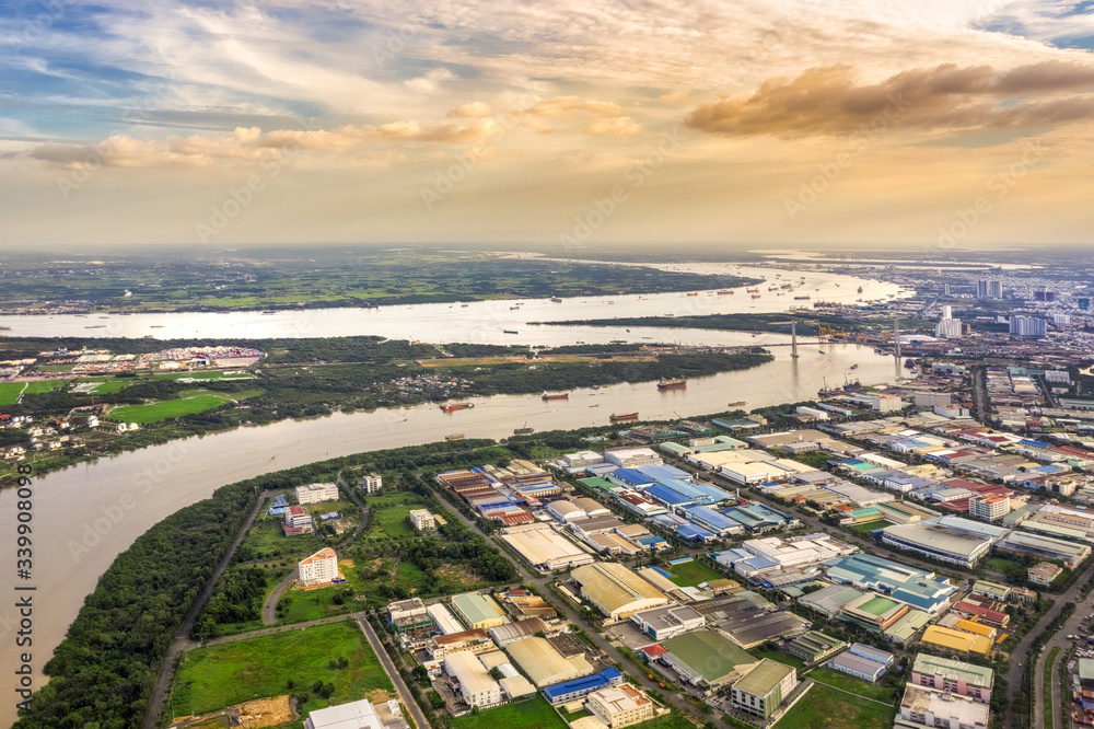 Top view aerial of Saigon river and  container harbor in Tan Thuan Export Processing Zone. Ho Chi Minh City, Vietnam 