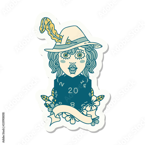 human bard with natural twenty dice roll sticker