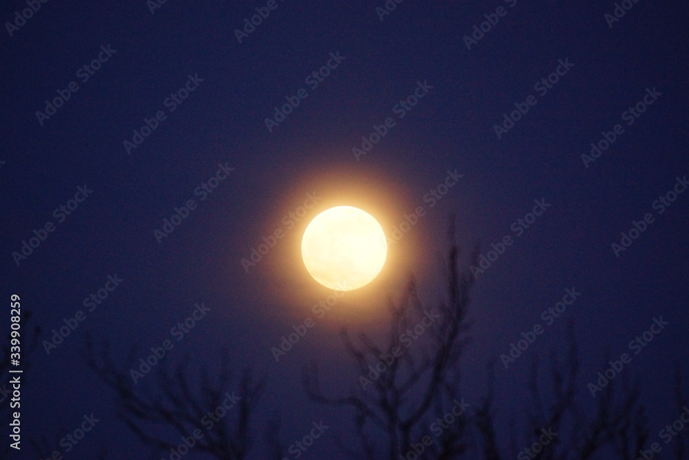 Supermoon pink full moon 8 April 2020 in France. It occurs when the