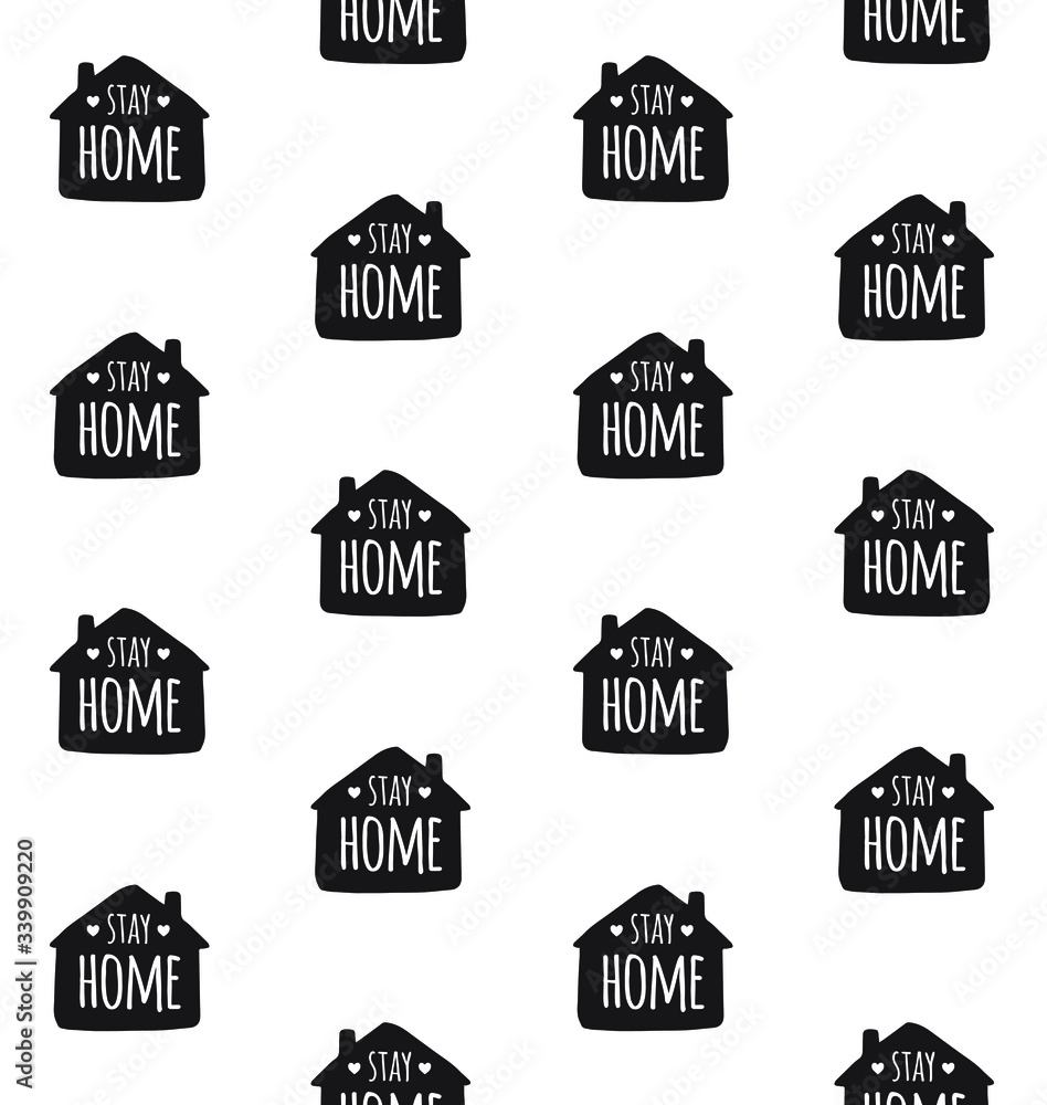 Vector seamless pattern of hand drawn doodle sketch house silhouette with stay home lettering isolated on white background