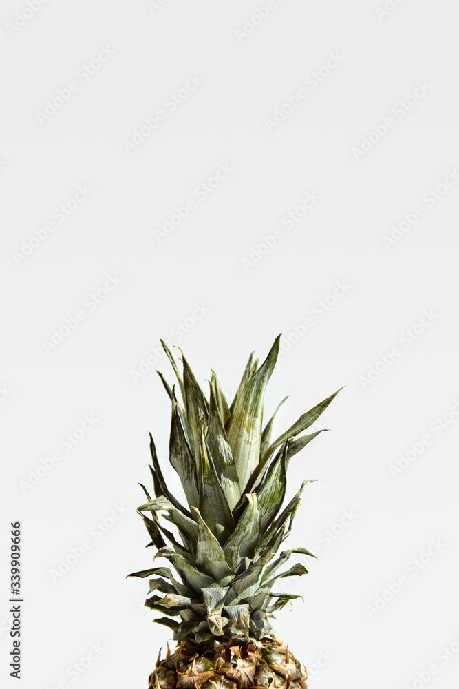 Fototapeta premium Ripe juicy pineapple fruit with green leaves isolated on white.