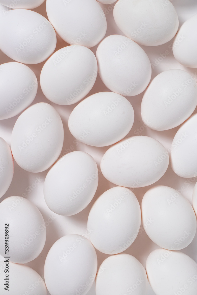 A lot of white clean raw chicken eggs on a white background. Egg Isolate.
A lot of white clean raw chicken eggs on a white background. Egg Isolate.