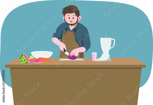 A man is preparing fruit juice for keeping a healthy body