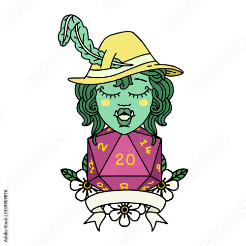 half orc bard with natural 20 dice roll illustration