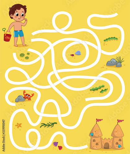 Educational maze puzzle game for kids in beach theme. Vector illustration.
