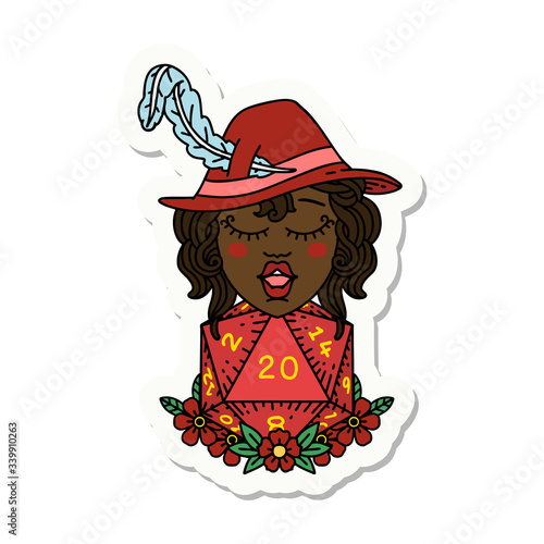 human bard with natural 20 dice roll sticker