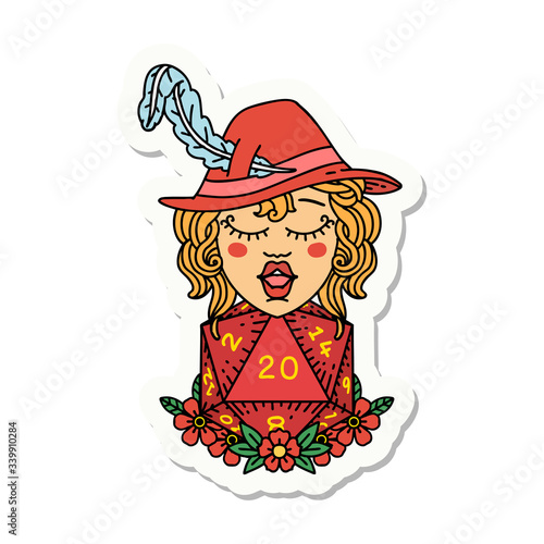 human bard with natural 20 dice roll sticker