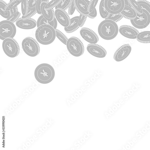 Chinese yuan coins falling. Scattered black and wh