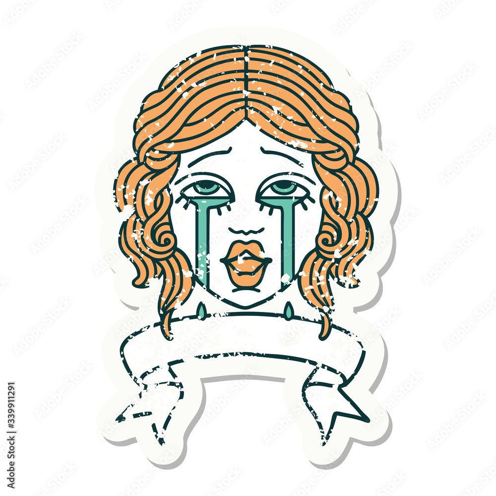 grunge sticker with banner of a very happy crying female face grunge sticker with banner of a very happy crying female face