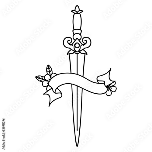 black linework tattoo with banner of dagger