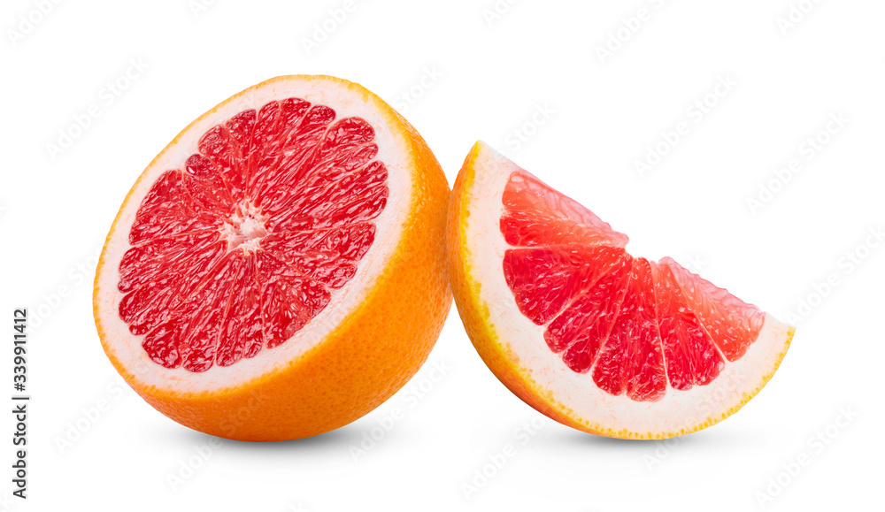 Ripe half of pink grapefruit citrus fruit on white background Ripe half of pink grapefruit citrus fruit on white background