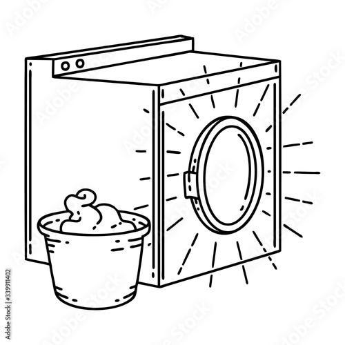 traditional black line work tattoo style washing machine