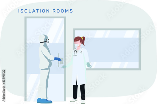 Medical staffs are having important discussions in front of isolation room