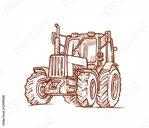 Hand-drawn farm truck tractor. Engraving