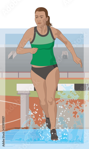 steeplechase female runner running over water obstacle with track and stadium background
