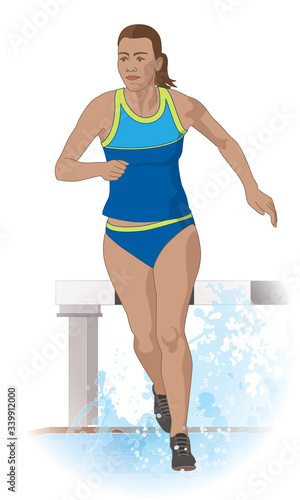 steeplechase female runner running over water obstacle isolated on a white background