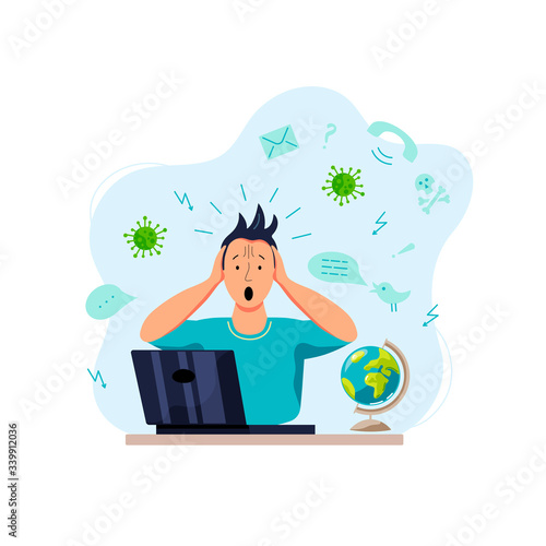 Person gets too much information. Flat cartoon style design. Vector illustration.