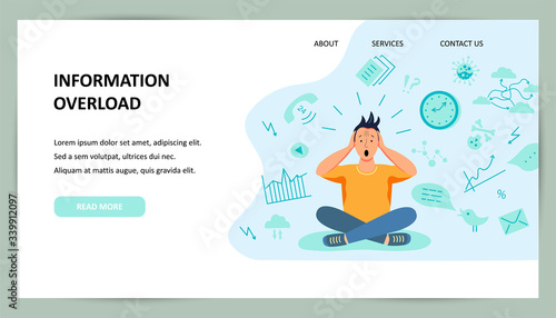 Person gets too much information. Place for text. Flat cartoon design styles vector illustration.