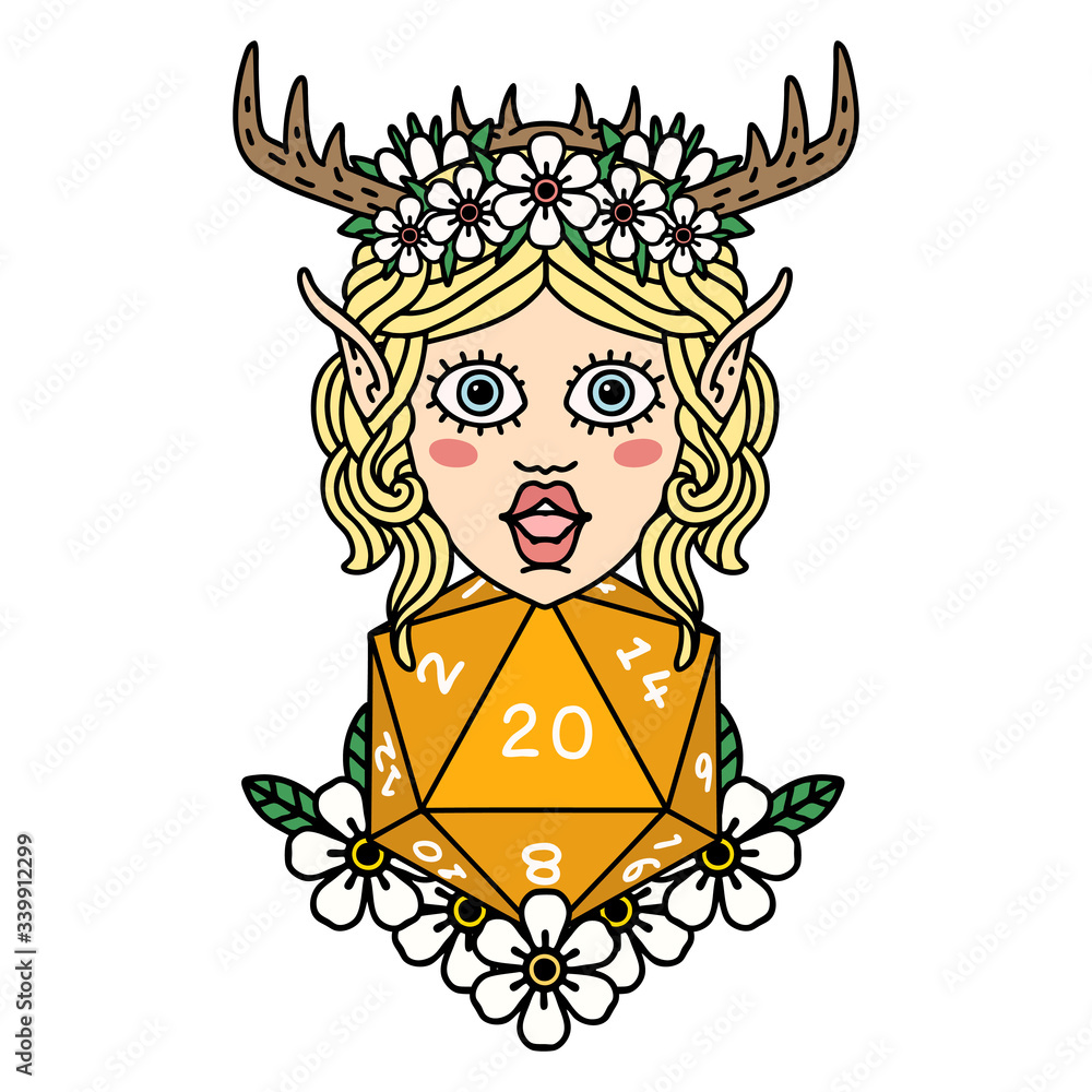 elf druid character with nautral twenty dice roll illustration elf druid character with nautral twenty dice roll illustration