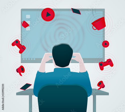 Media interference prevents a person from concentrating on work to achieve a goal. Vector illustration.