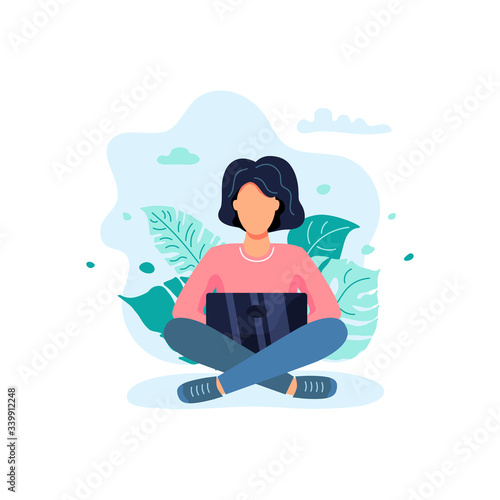 Female is sitting and working on laptop. Freelance or studying concept. Flat cartoon style design. Vector illustration isolated on white background.