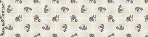 Hand drawn cute australian shepherd puppy breed seamless border pattern. Purebred pedigree domestic dog background. Dog lover sheepdog pet washi ribbon. Kennel pooch EPS 10. 