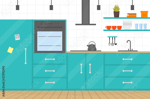 Cozy modern kitchen interior with furniture and stove, dishes, fridge and utensils. Home design. Cooking theme. Flat vector illustration.