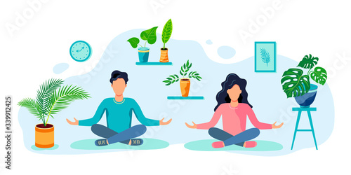 A woman and a man are sitting in a meditative pose at home. Home gardening, house plant concept. Flat cartoon style design vector illustration.
