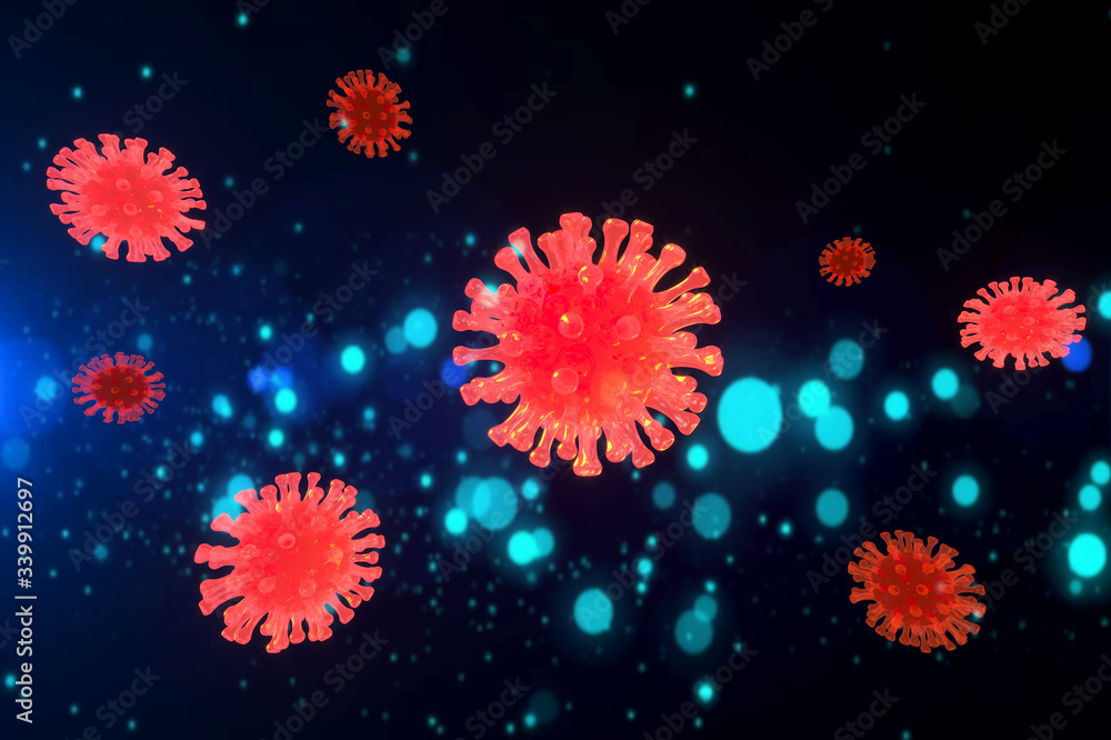Corona virus 2019 nCoV and Red Virus 3d realistic on blue background design