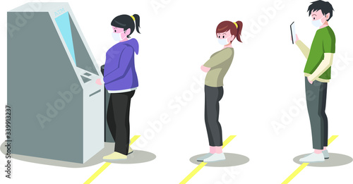 Peoples lining with keeping their safe distance in ATM 