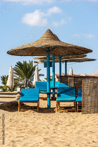 Group of straw umbrellas and deck chairs in a Red Sea sandy beach  tourist resort near Marsa Alam  Egypt  Africa 