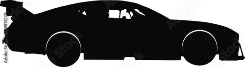 Side view sedan race car black silhouette, with spoiler and rear wing.