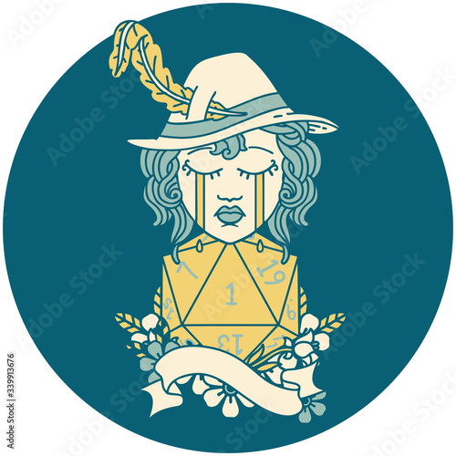 crying human bard with natural 1 D20 roll illustration
