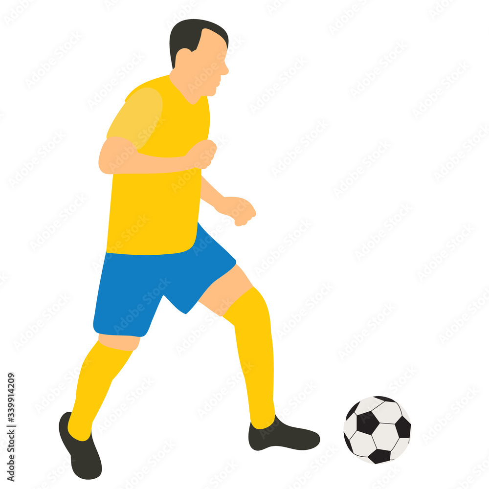  white background, in a flat style a soccer player with a ball runs