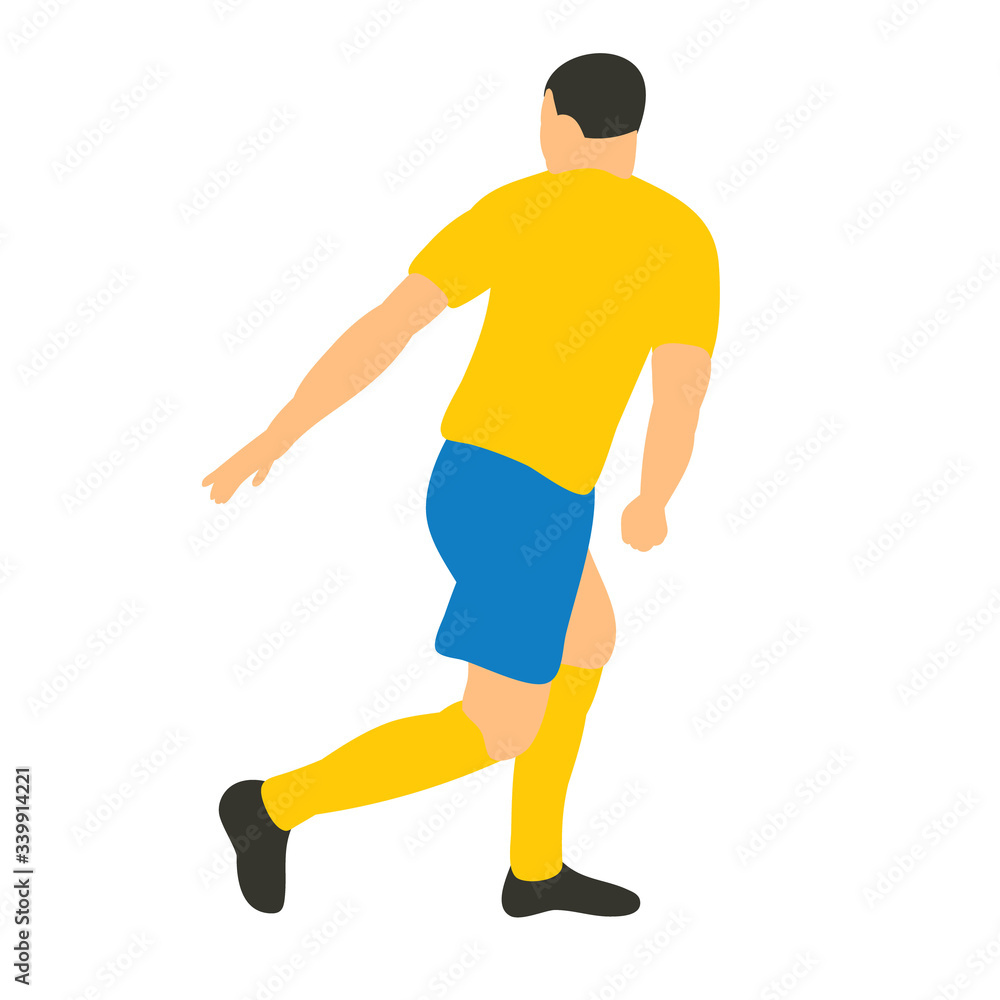  white background, in a flat style a soccer player with a ball runs