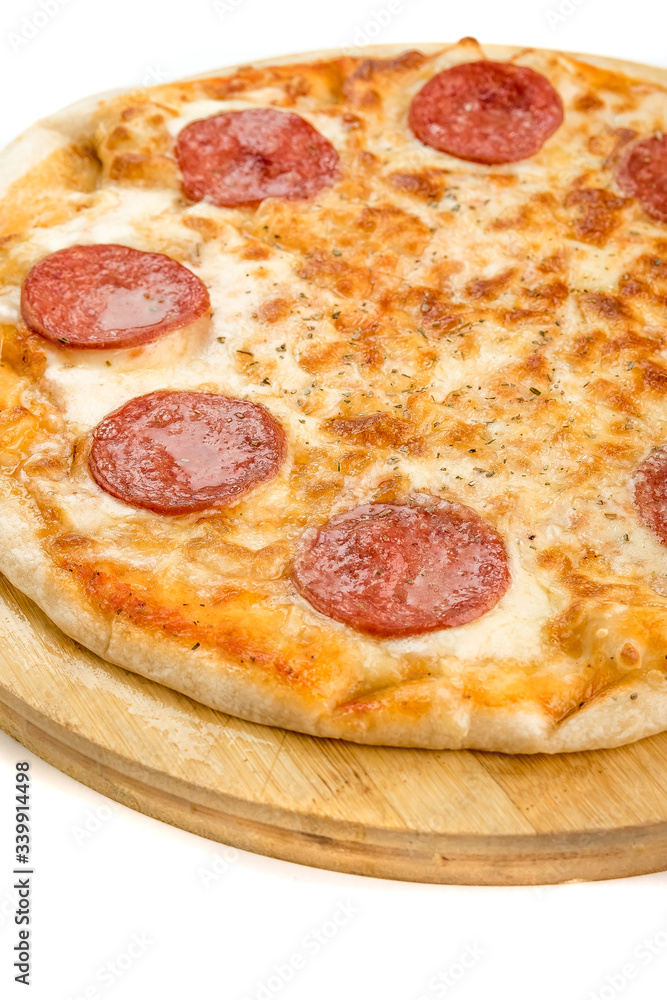 pizza with salami isolate white background