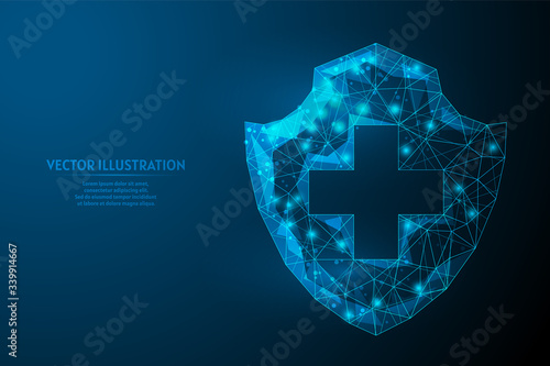 Shield medicine. Protection against the virus, the fight against coronavirus COVID-19. Vaccines, antibiotics, medicine, medical innovative technology. 3d low poly wireframe vector illustration.