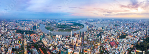 Top view aerial of Thu Thiem peninsula and center Ho Chi Minh City  with development buildings, transportation, energy power infrastructure. Financial and business centers in developed Vietnam