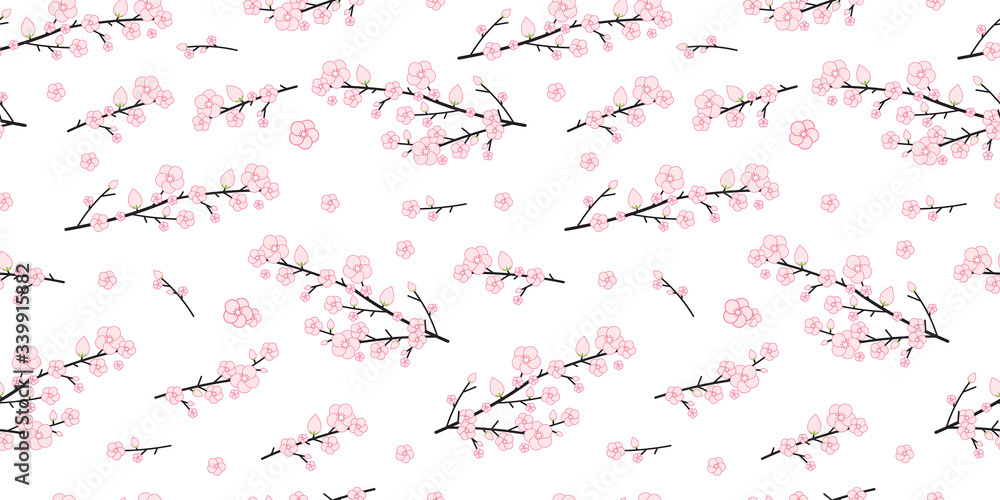 Seamless Japanese Cherry Blossoms and Branches Pattern background, Sakura flower vector illustration, Seamless backgrounds and wallpapers for fabric, packaging, Decorative print, Textile