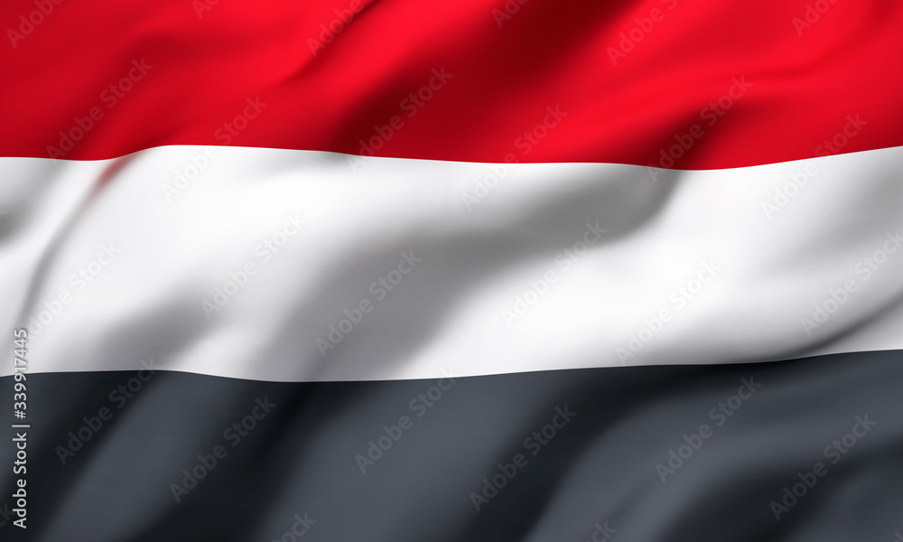 Flag of Yemen blowing in the wind. Full page Yemeni flying flag. 3D illustration. Flag of Yemen blowing in the wind. Full page Yemeni flying flag. 3D illustration.
