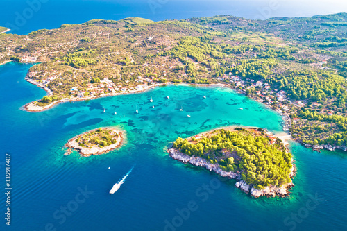 Aerial view of Gradina bay sailing cove on island Korcula