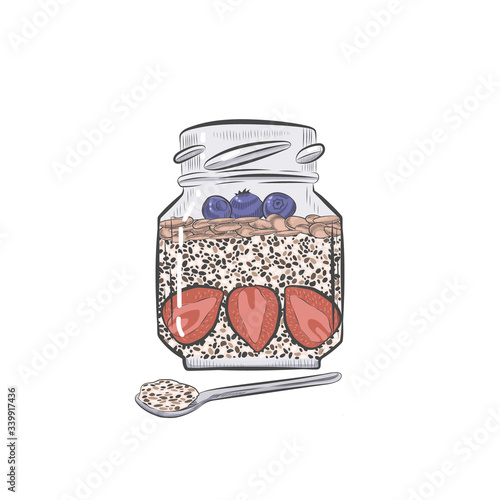 Chia pudding with berries in glass jar vector sketch. Chia dessert in jar and spoon hand drawn illustration.