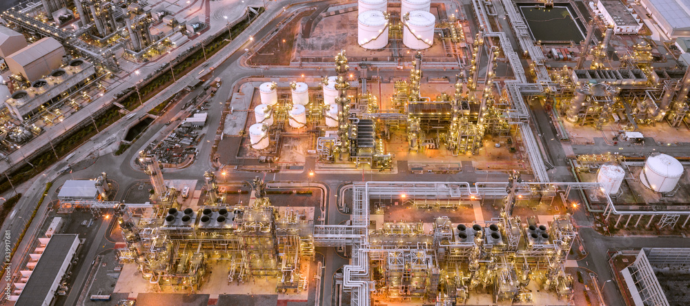 Panorama aerial view of oil and gas refinery industrial - Refinery plant industry at twilight.